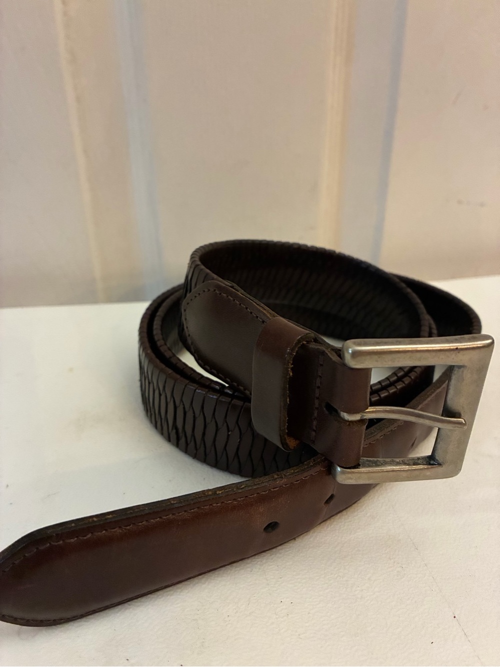 Vintage COACH 6924 Woven Leather Belt Brown Silver Buckle Mens Sz 42 Classic